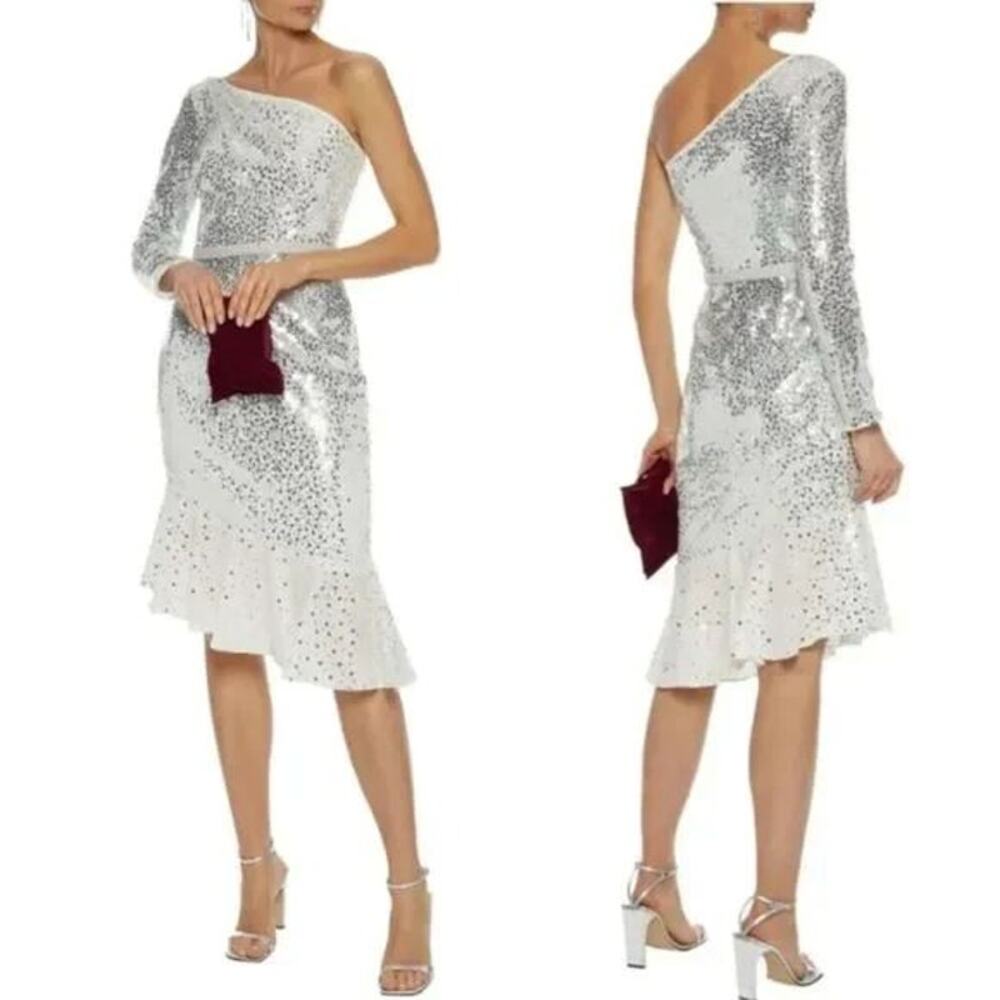 Marchesa Notte Sequin One-Shoulder Sheath Dress Size 2